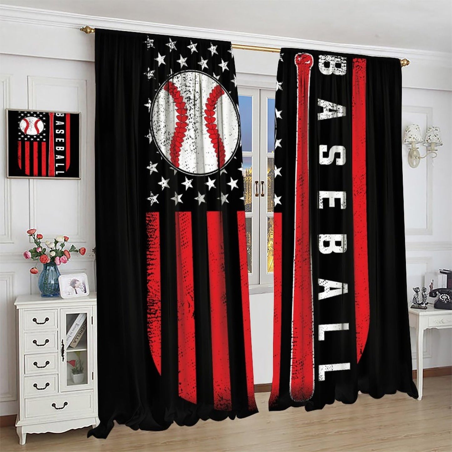 Baseball Curtains Home Décor,Sports Themed Flag Design Darkening Window Treatments for Teens Girls Boys Bedroom Living Room Drapes 2 Panel Sets Total Size 42" x 45"Black Red