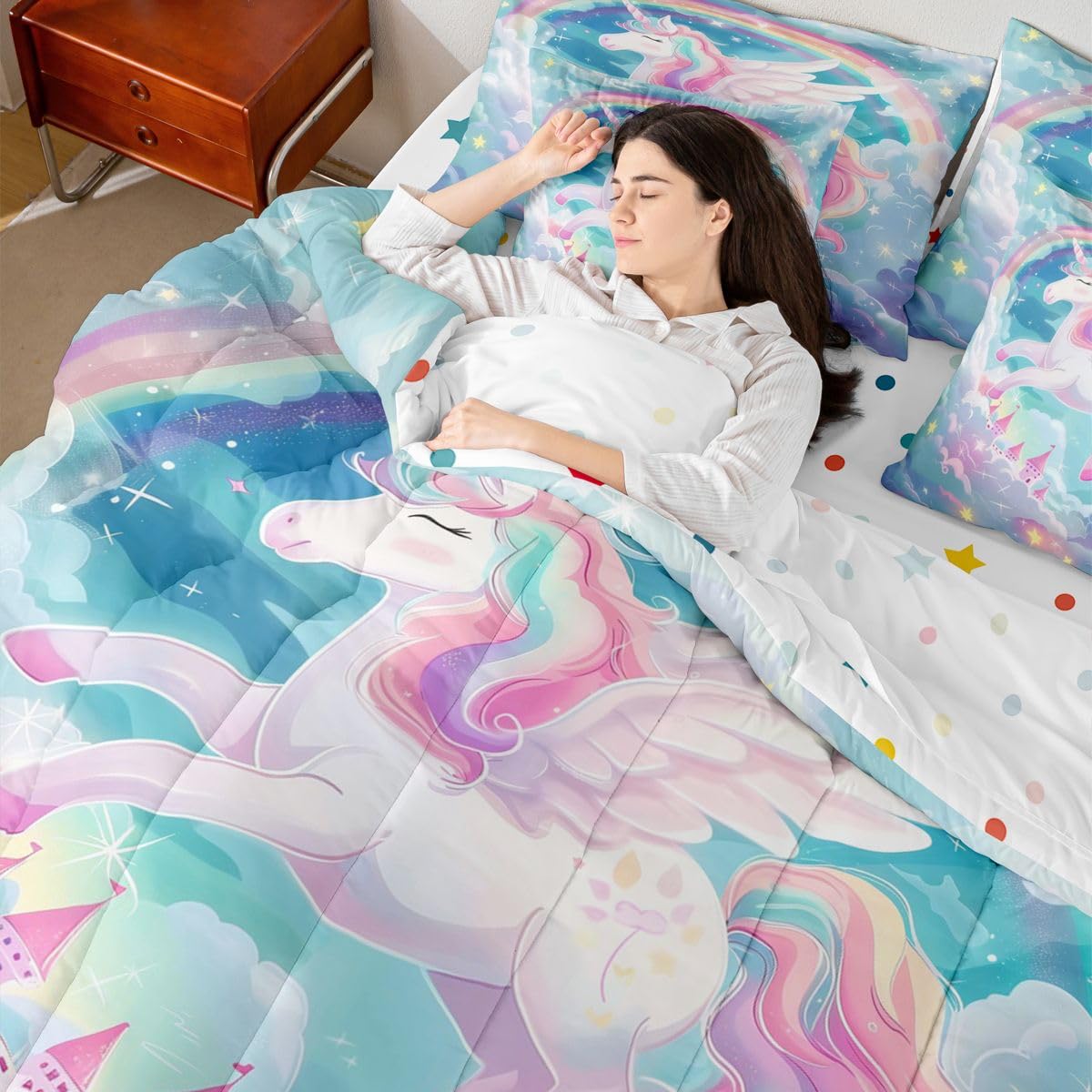 Feelyou Pink Unicorn Twin Comforter Set with Sheets for Kids Boys Girls Rainbow 7 Pieces Bedding Set Princess Decor Bed in a Bag Cute Animal Room Decor Soft Lightweight Microfiber