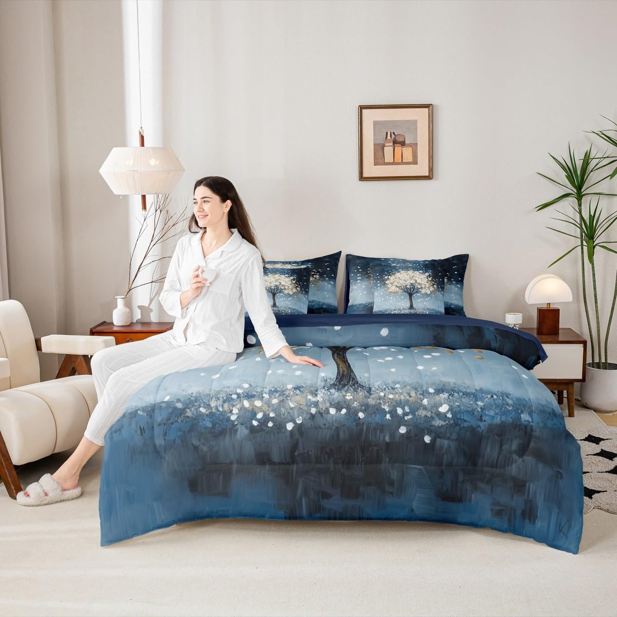 White Tree Branches Pattern 7 Pieces Bedding Set Twin Size Kids Leaf Branches Bed in a Bag with Comforter, Sheets, Pillowcases Fallen Leaves Bed Set Breathable Botanical Room Comforter Set with Sheets