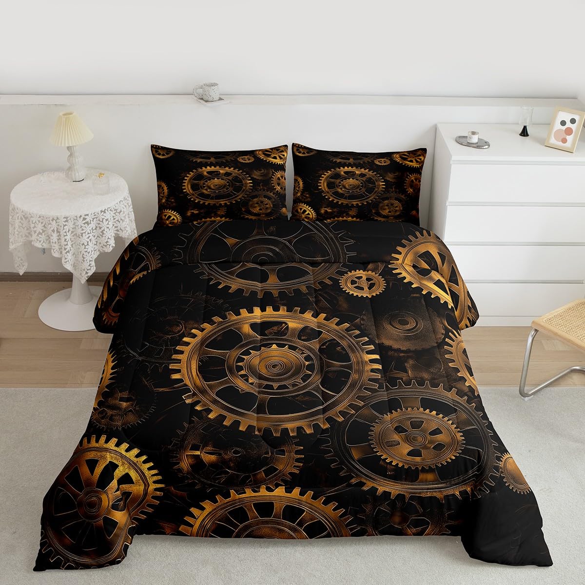 Golden Ndustrial Gear Comforter Set King Size Steampunk Style Bedding Set Clocks Theme Bedding Sets & Collections for Kids Boys Teens Men Mechanical Device Quilt Set,Retro Style Bedroom Decor