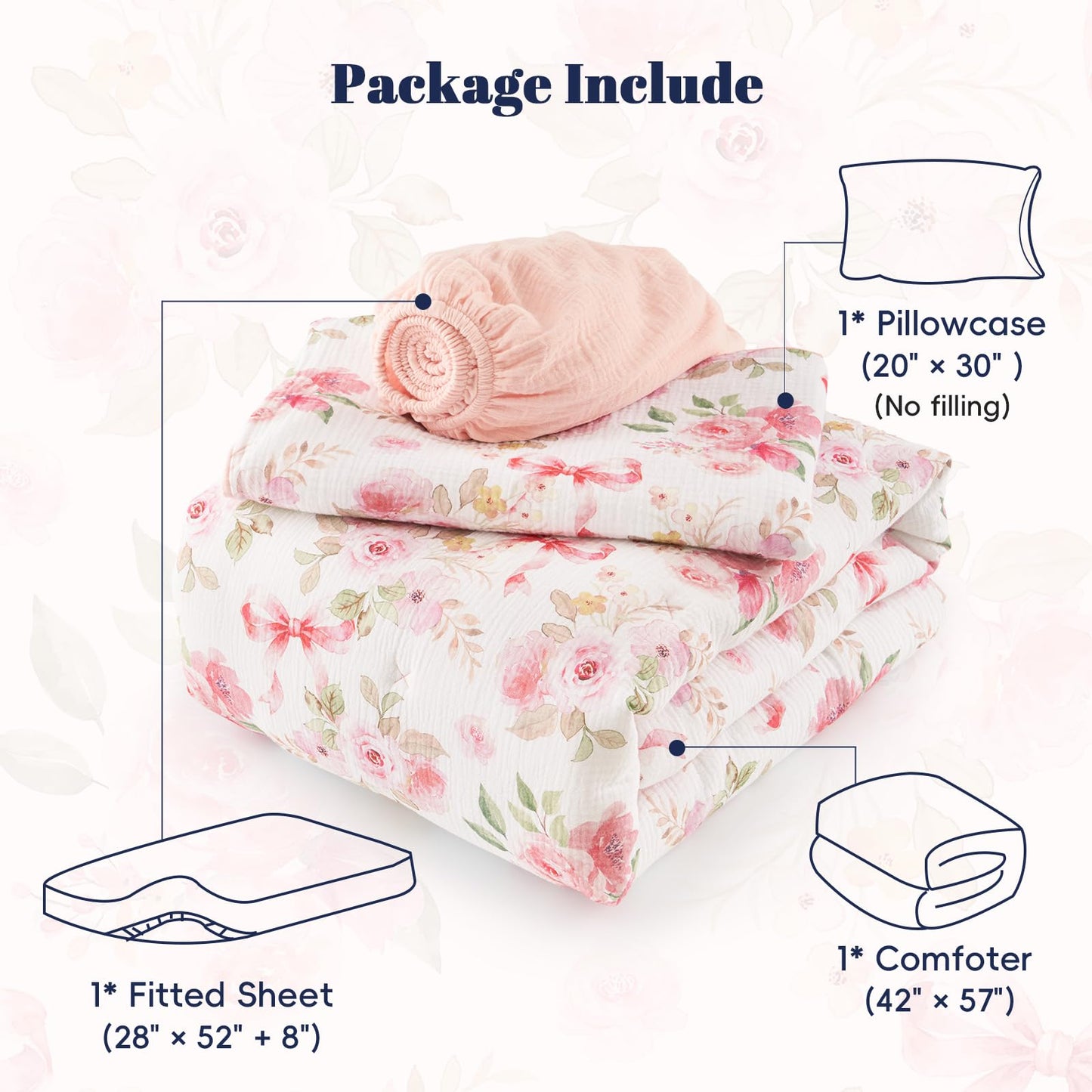 PHF Cotton Muslin Toddler Bedding Set, Soft 3 Piece Toddler Comforter Kids Bed Set, Pink Flower Bow Bedding Set for Girls