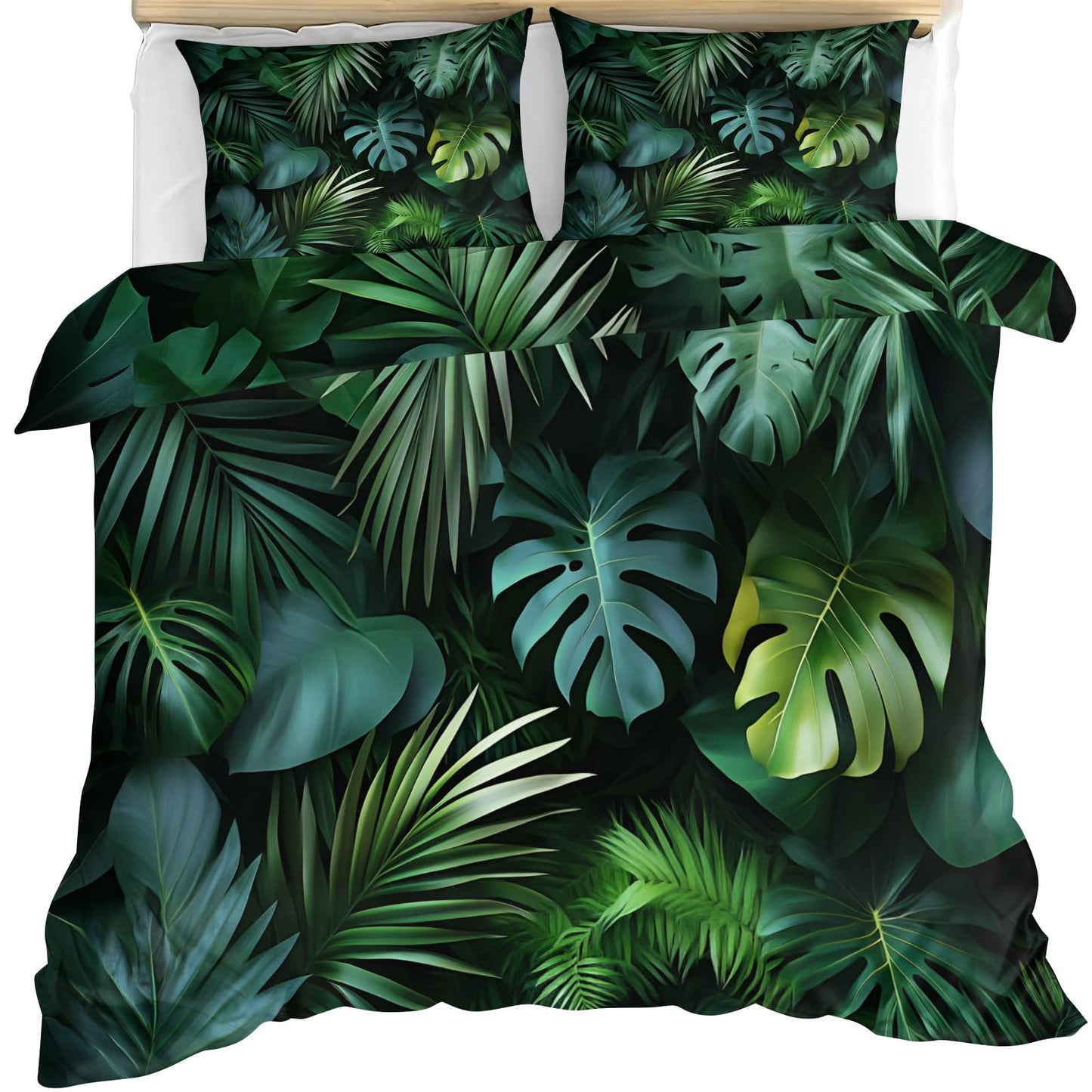 GKPLY Tropical Palm Leaves Comforters Queen Size, Jungle Monstera Bedding Duvet Cover, Exotic Greenery Artwork Duvet Cover with 2 Pillowcases, 3 Pieces, Reversible Dark Botanical Bedding with Zipper