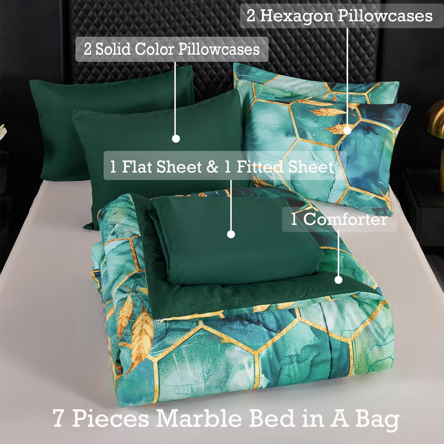 ANGIYUIN 7Pcs Teal Green Marble Comforter Set Full Watercolor Gold Bedding Set Geometric Honeycomb Printed Bed Sets Luxury Gold Leaves Bed in A Bag for Women Men(Full Teal Green)