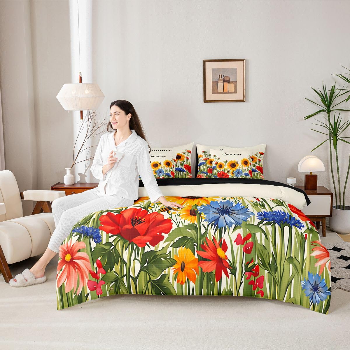 Erosebridal Sunflower & Wildflower Queen Bedding Set Aesthetic Bright Floral Comforter Set with Flat and Fitted Sheet Girls Women Cute Summer Bee 7-Piece Bed in a Bag Vibrant Garden Art Quilt Sets