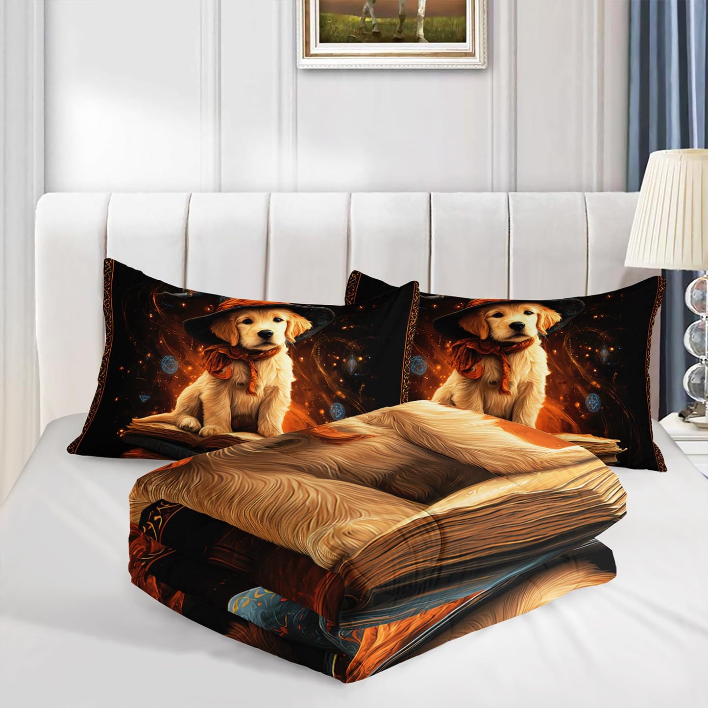 XYNHML Kawaii Retriever Dog Comforter 3Pcs Twin Lovely Wizard Hat Puppy Bedding Set for Kid Teen Girl Boy Teen Adult Wild Animal Mysterious Magic Book Quilt Bed Decor with 1 Comforter & 2 Pillowcases