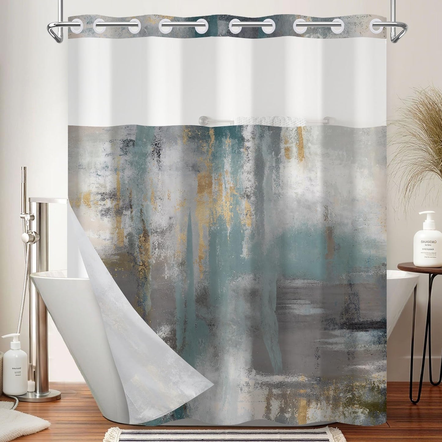 NAEMBCU Abstract No Hook Shower Curtain with Snap in Liner - Artistic Texture Print Shower Curtain with Mesh Top Window, Waterproof Double Layer Bath Curtain for Urban Minimalist Bathroom Decor