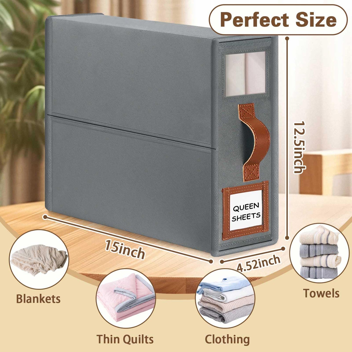 GhvyenntteS Sheet Organizers and Storage 4 Pack (Queen & King Size), Foldable Bed Sheet Organizer with Window and Label, Storage with Leather Handle, Grey