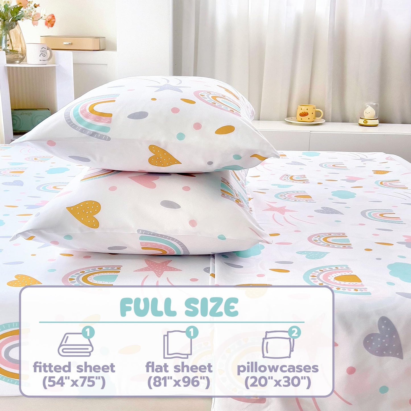 Homilay Full Sheet Set Kids - Sky Blue 4 Pieces Soft Microfiber Cartoon Style Bedsheets for Boys Girls Teens, Oeko TEX Breathable 15 Inch Deep Pocket Sheets(Rainbow)