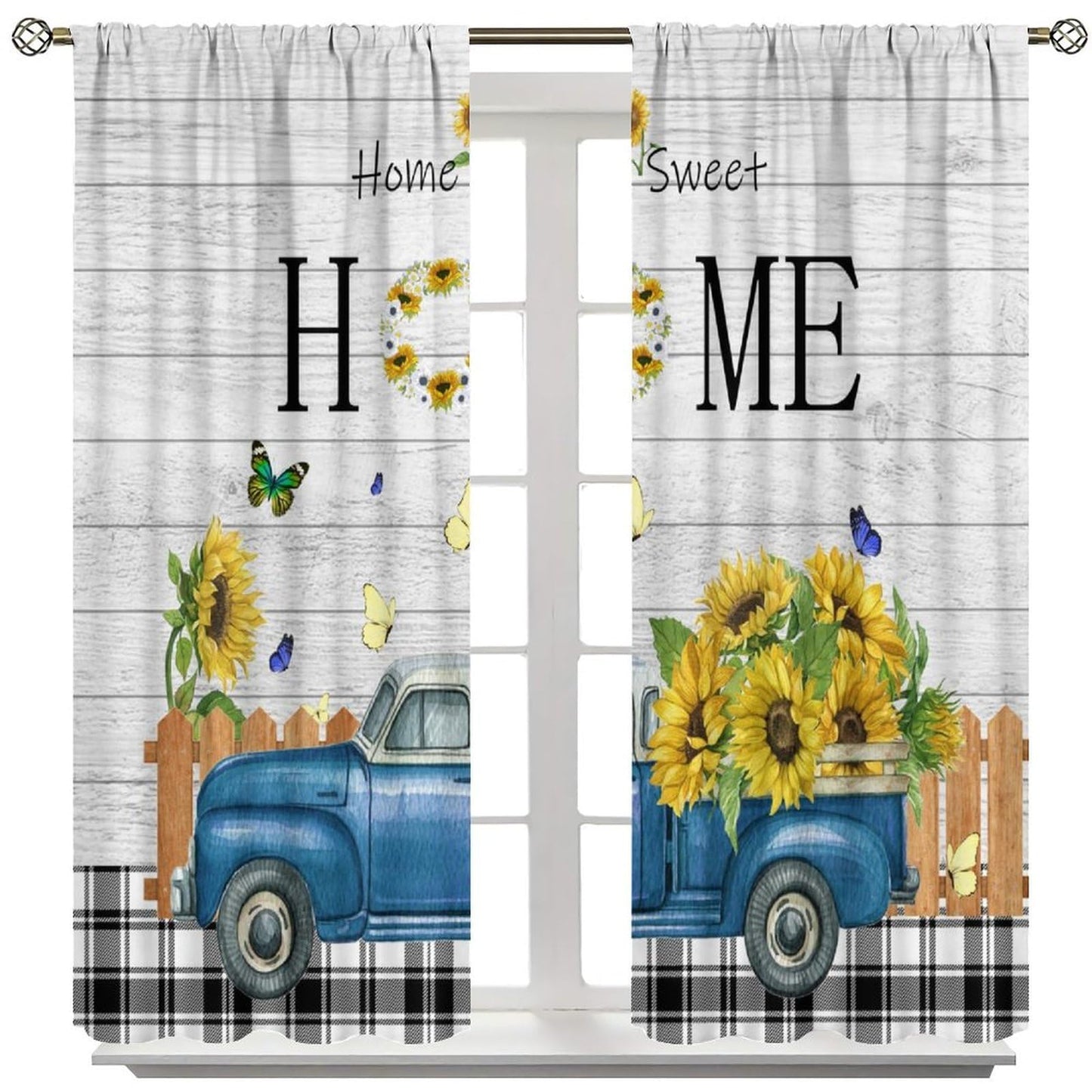 Nanacur Country Farmhouse Truck Curtains, Retro Rustic Truck Sunflower Butterfly Wooden Print Window Drapes, for Bedroom Living Room 42" W X 45" L (Decorative)