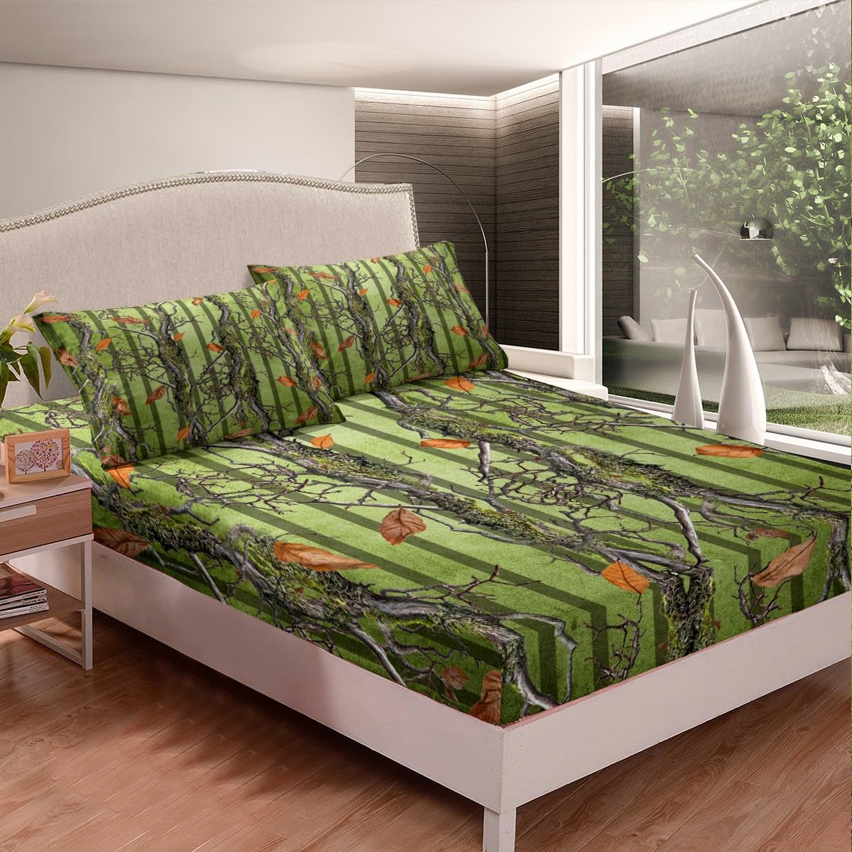 Tree Branches Kids Fitted Sheet Twin Size,Wild Hunting Adventure Cabin Bedding Set,Boys Girls Room Decor,Jungle Botanical Leaves Rustic Nature Bed Cover,Green Bed Sheet,1 Pillowcase(No Top Sheet)