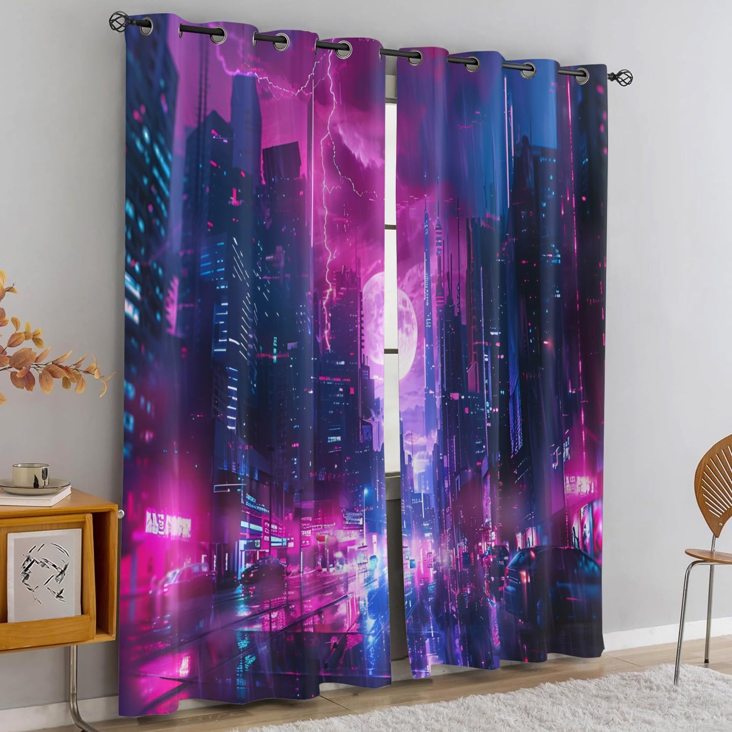 XAFIAUR City Neon Lights Blackout Curtains Sci-Fi City Print Curtain, Lightning Cyberpunk Drapes for Kids Bedroom Play Room 2 Panels Darkening Grommets Window Treatment 31.5" W x 63" L x2