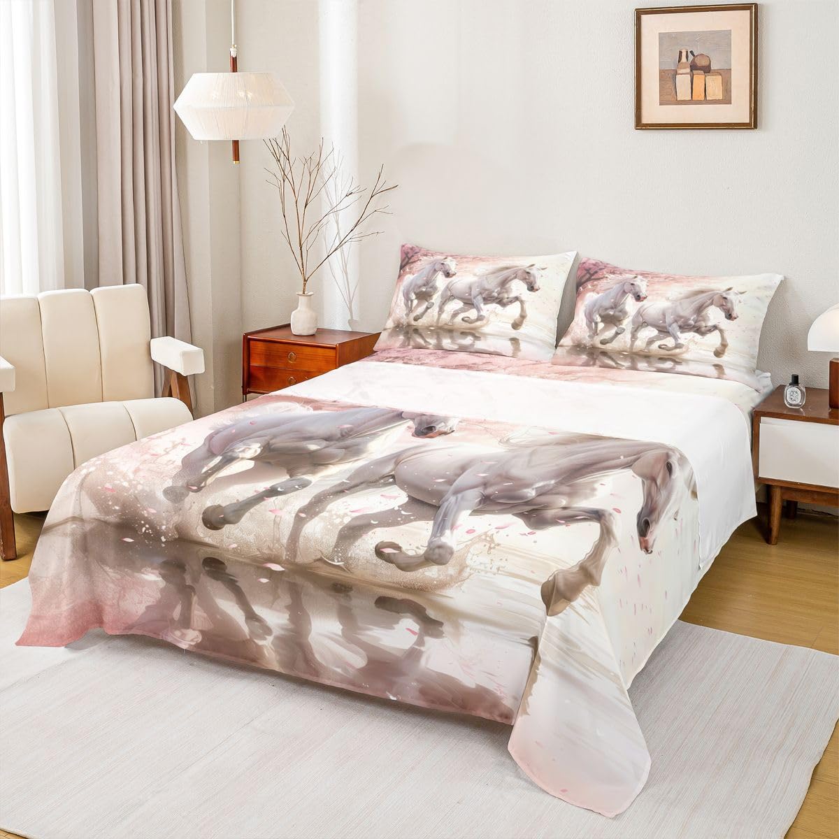 jejeloiu Galloping Horse Bed Sheets Sets Queen Size Kids Boys Girls Horse Bedding Set Cute Animal Decor Bed Sheet Set with 16-Inch Deep Pockets Western Farmhouse 4Pcs with 2 Pillow Cases