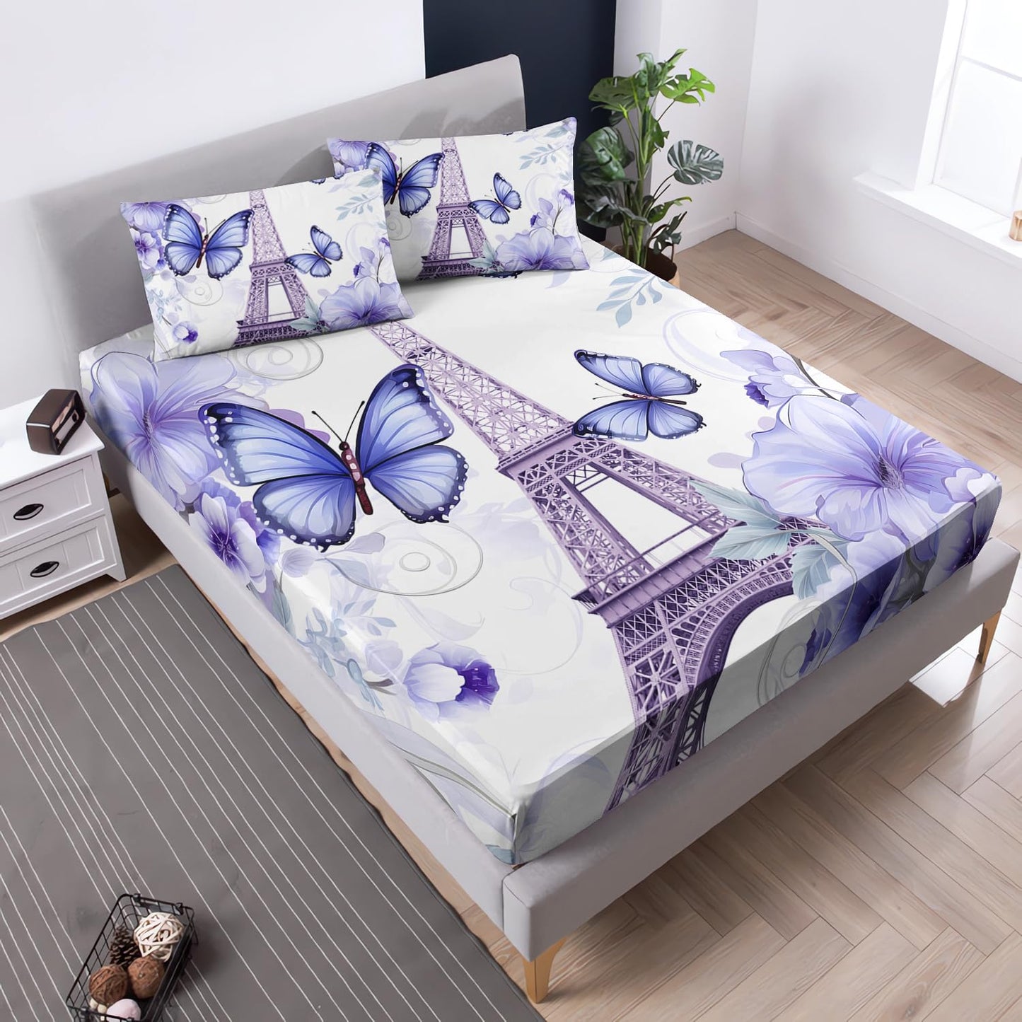 UEVBF Beautiful Butterfly Fitted Sheet Set Twin Size,Romantic Eiffel Tower Print Bedding Sets for Girls Women Room Paris Decor,Fantasy Floral Bedding Fitted Sheets,1 Fitted Sheet+2 Pillowcases.