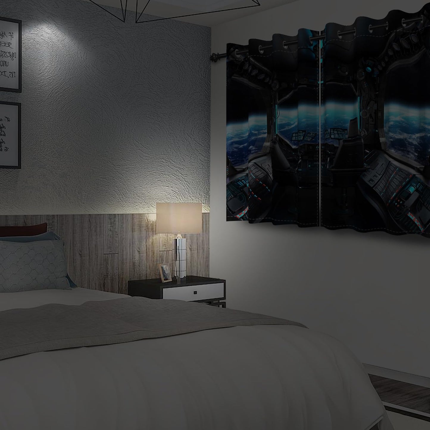 Renaiss Spacecraft Interior Window Curtains Futuristic Spaceship Cockpit Window Treatments Outer Space Earth View Blackout Drapes for Bedroom Living Room French Door Decor 42x63 Inches x 2 Panels