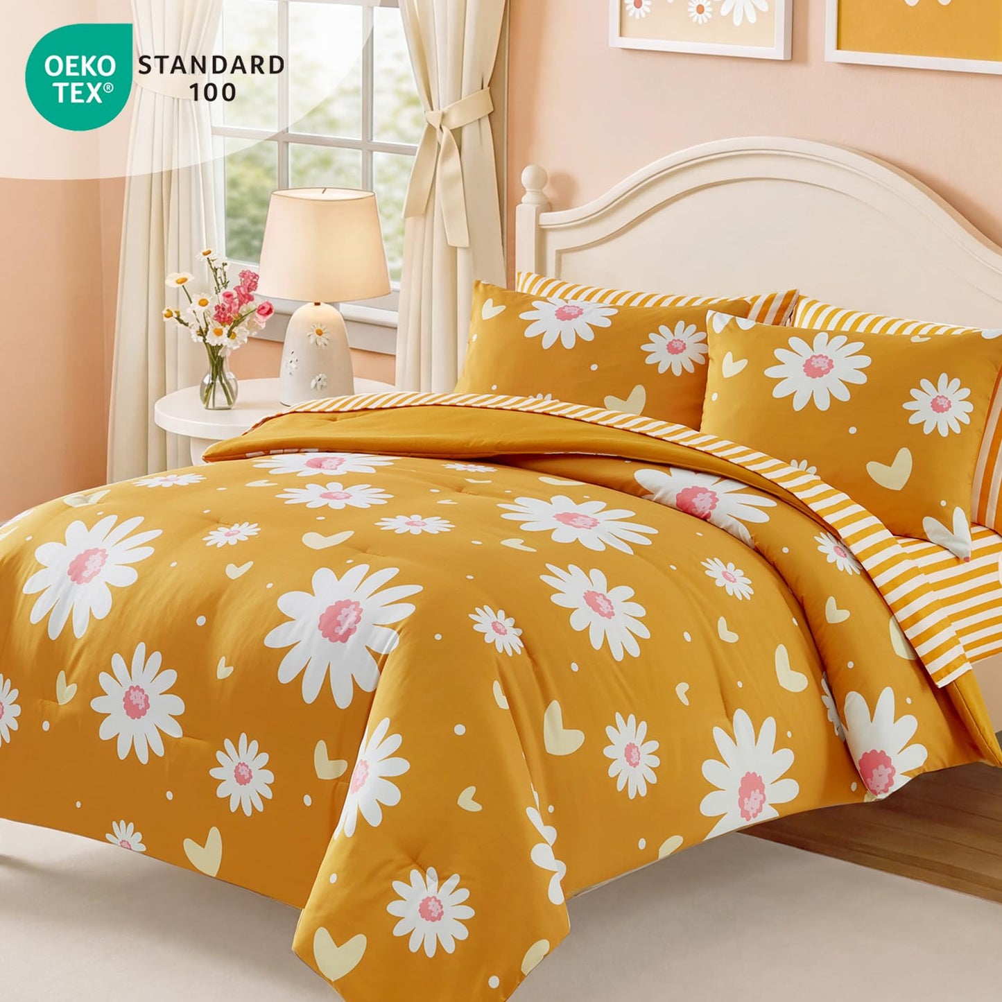 AMBERSPACE Twin XL Comforter Set for Girls, Mustard Yellow Daisy Bedding Set with Cute Heart, All Season Kids Bed in a Bag Dorm 5 Pieces with Sheets, Pillowcase & Sham
