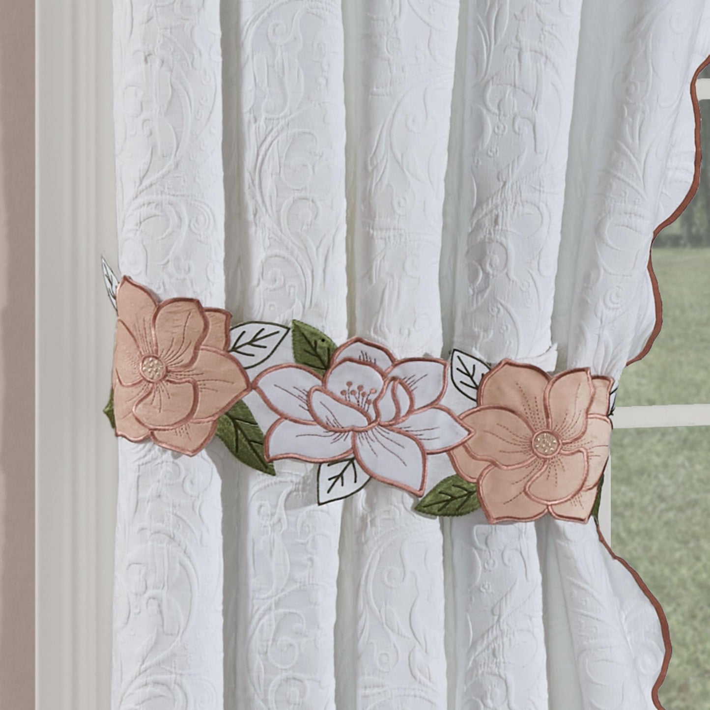 Lovington Floral Luxury Matelasse Window 3 Ascot Valances & Curtains Set