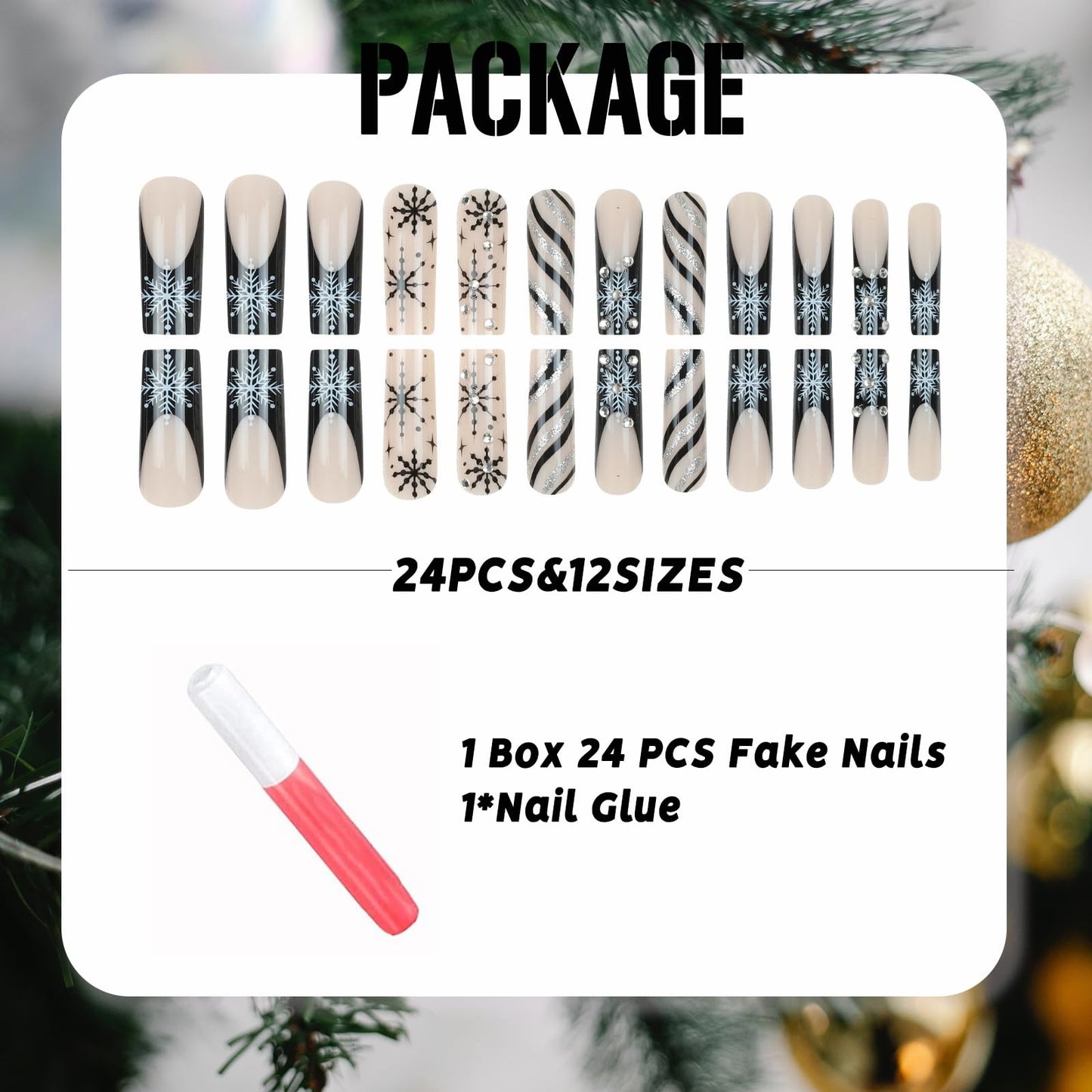 IMSOHOT Black Press on Nails Long Square Fake Nails Xmas Snowflake, Silver Glitter, Rhinestone | Acrylic Glossy False Nails Artificial Glue on Nails for Women DIY Manicure Decor
