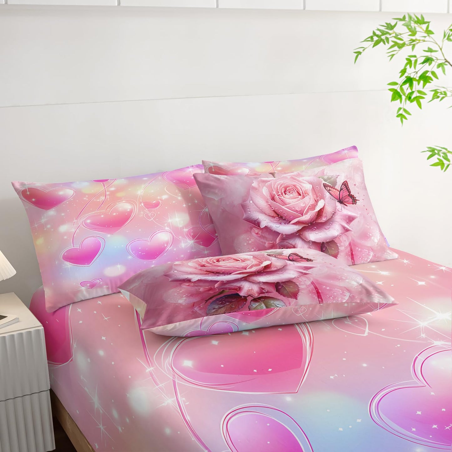 AILONEN Pink Rose Comforter Set Full Size for Girls Women,7-Piece Soft Bed in a Bag,Rose Flower Butterfly Comforter & Fitted Sheet & Flat Sheet & 2 Pillowcases,2 Pillow Shams