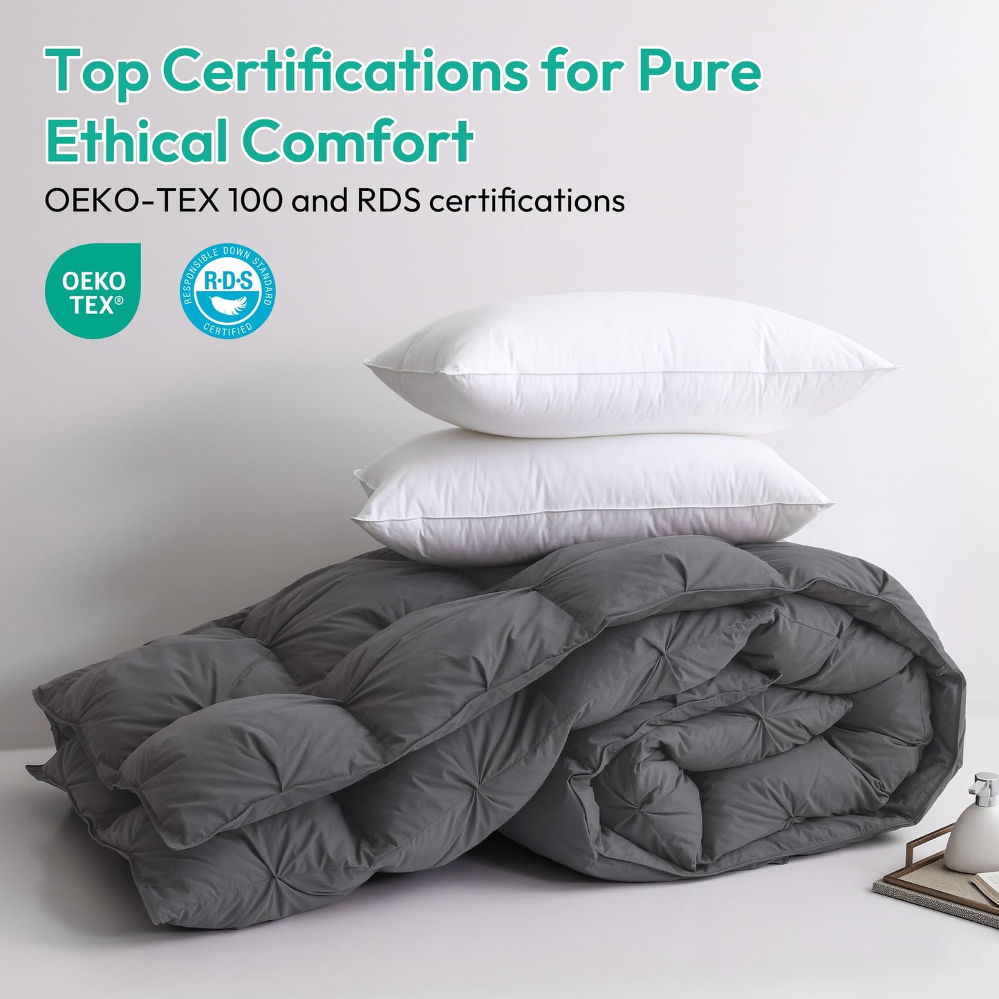 Three Geese Pinch Pleat Waterfowl Feathers and Down Comforter Twin Size Duvet Insert,750+ Fill Power,1200TC 100% Cotton, Premium All Seasons Gray Warm Hotel Comforter with 8 Tabs.