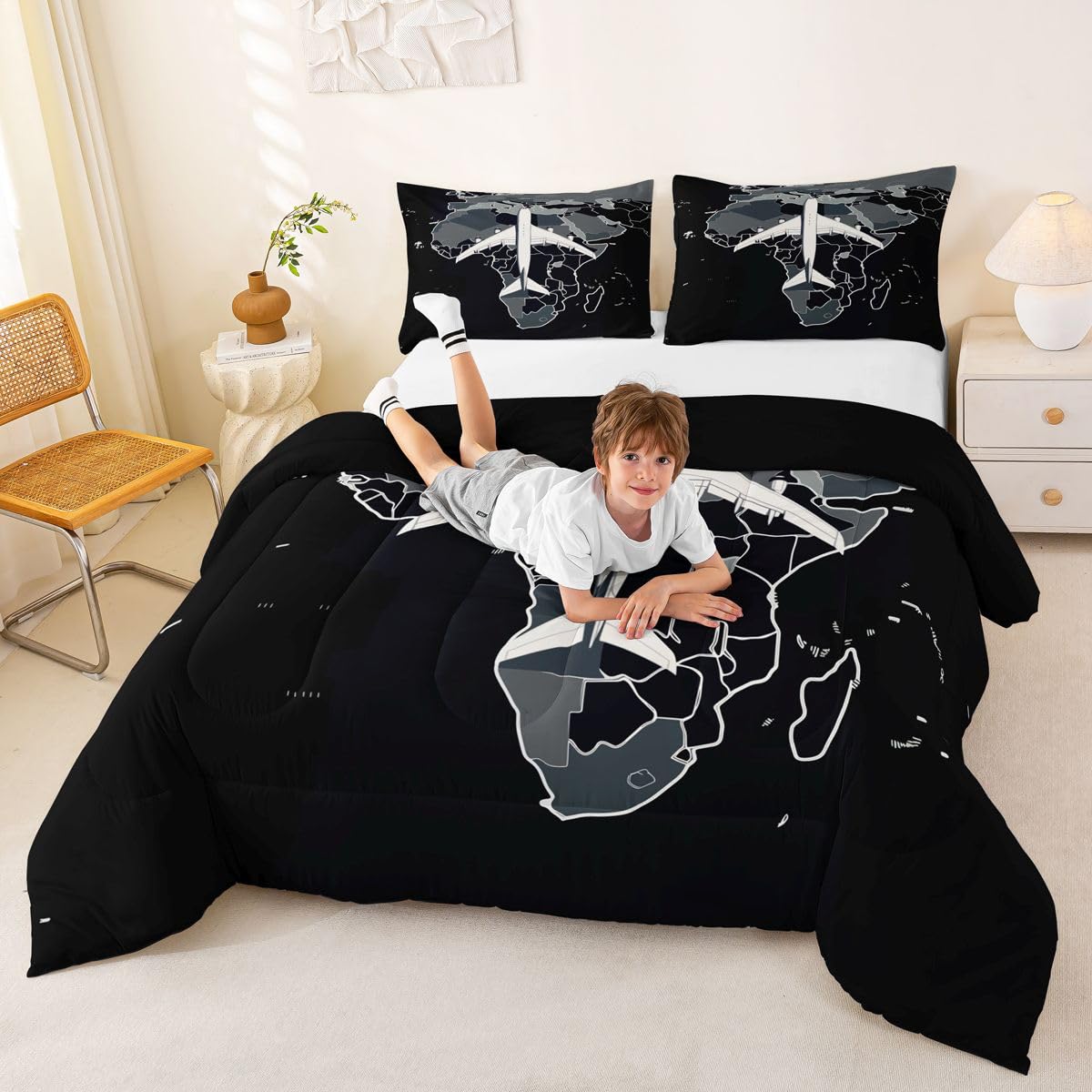 Erosebridal Airplane Comforter Set Full Aircraft Bedding Set Gradient Gray World Map Comforter for Kids Boys Girls Modern Transportation Plane Quilt Duvet