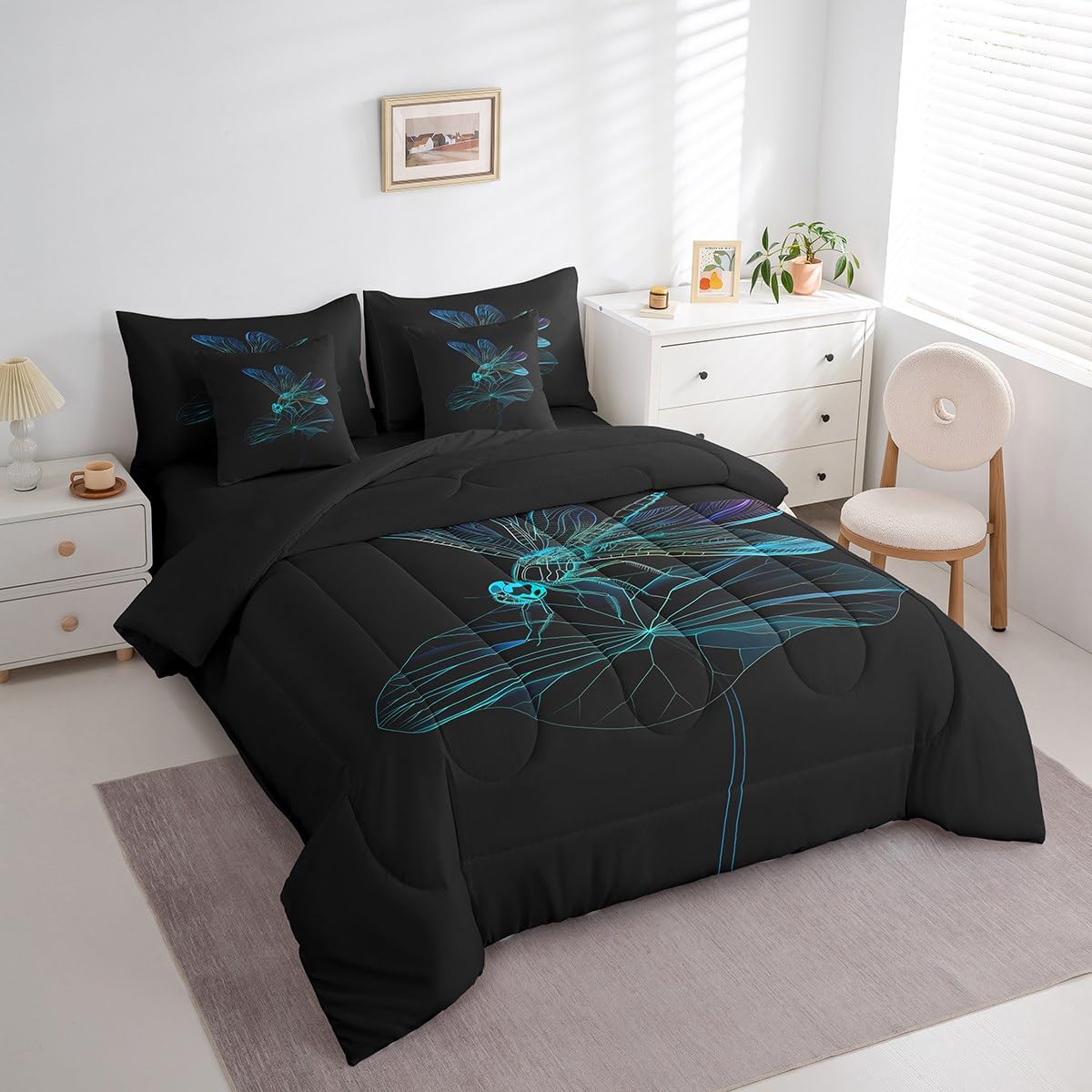 Erosebridal Bohemian Dragonfly Comforter Set Queen,Boho Trippy Animal Bed in a Bag for Kids Boys Girls,Geometric Lotus Leaf Bedding Set 7Pcs,Watercolor Wildlife Quilt for Dragonfly Lovers