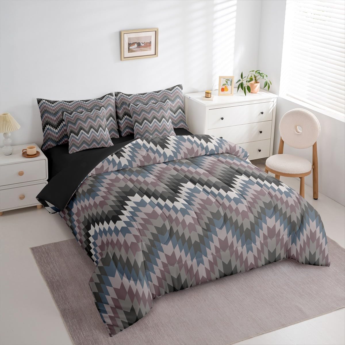 Erosebridal Aztec Geometric Bed in A Bag King 7 Pcs Farmhouse Western Comforter Set for Women Men Country Native American Bedding Sets Black Grey Ethnic Aesthetic Sheet Set with Comforter