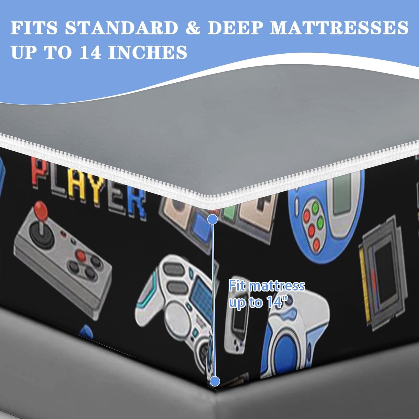 Nesker Zipper Bedding Twin Retro Colorful Gamepad Zip Up Bedding Set for Boys and Kids, Gaming Controller 3 Pcs Comforter Bed in a Bag with Fitted Sheet and 2 Pcs Pillowcases