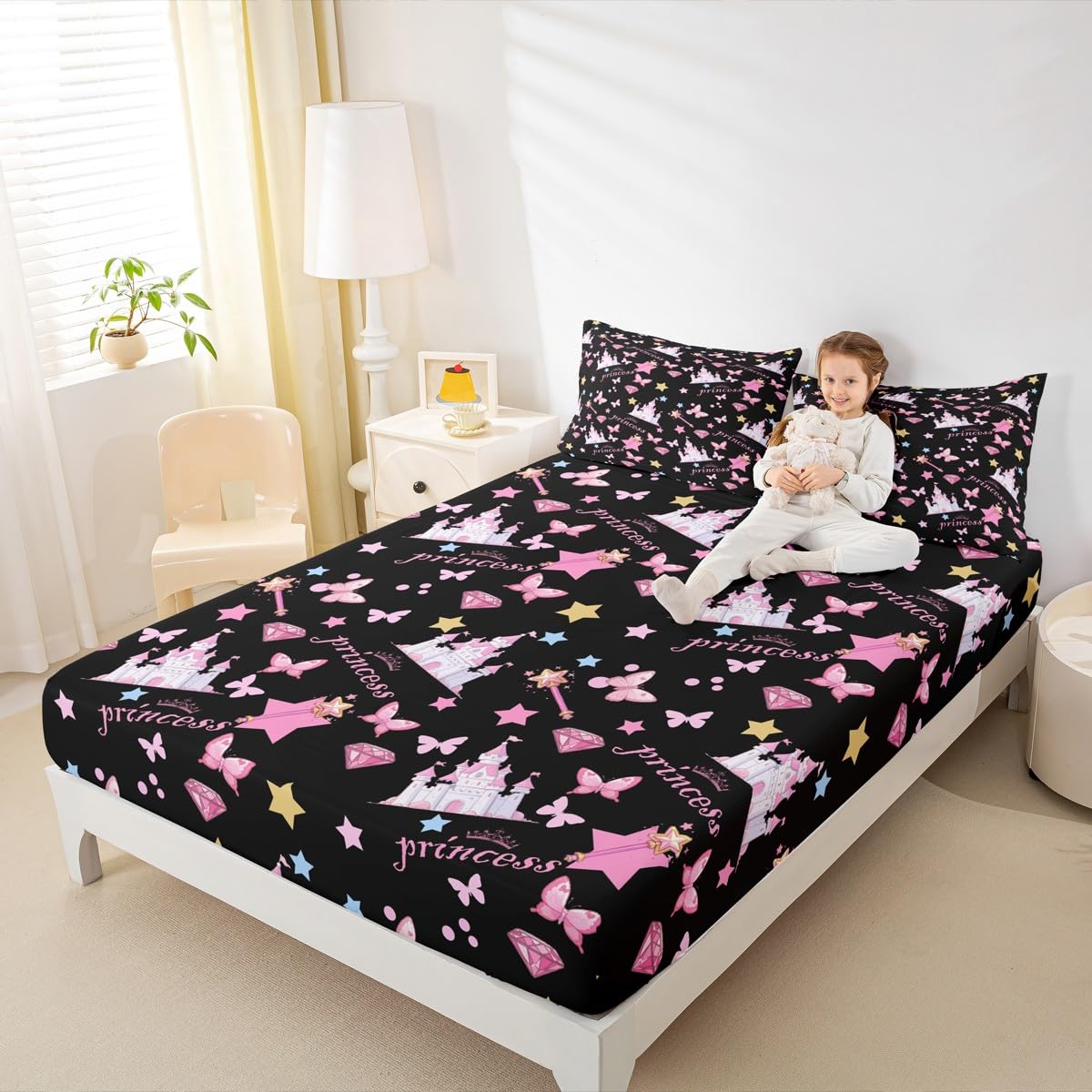 Feelyou Girls Princess Fitted Sheet with 1 Pillowcase Twin Size Cartoon Castle Bed Sheets Set 16" Deep Pocket Boys Girls Pink Butterfly Bedding Magic Teens Bedroom Decor