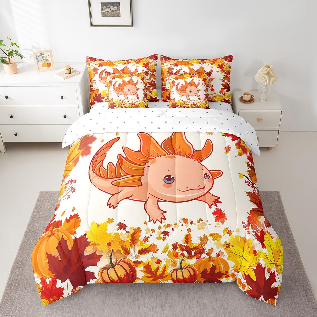 7 Piece Cute Axolotl Bed in a Bag Twin Autumn Harvest Theme Sheet Set Thanksgiving Day Gifts for Boys Girls Kids Fall Bedding Comforter Autumn Pumpkins Maple Leaves Kawaii Salamander Cushion Covers