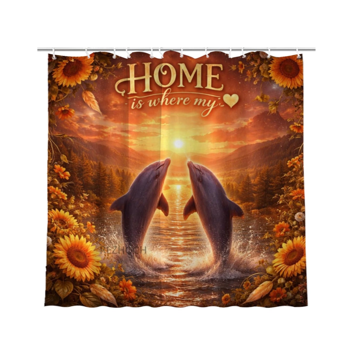 REZHOCH Funny Dolphin Shower Curtain 72x72 Inch Rustic Farmhouse Home Bathroom Decor,Cozy Warm Golden Sunset Sunflower Cute Animals Nature Mountain Forest Bath Set with Hooks
