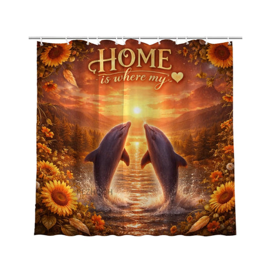 REZHOCH Funny Dolphin Shower Curtain 72x72 Inch Rustic Farmhouse Home Bathroom Decor,Cozy Warm Golden Sunset Sunflower Cute Animals Nature Mountain Forest Bath Set with Hooks