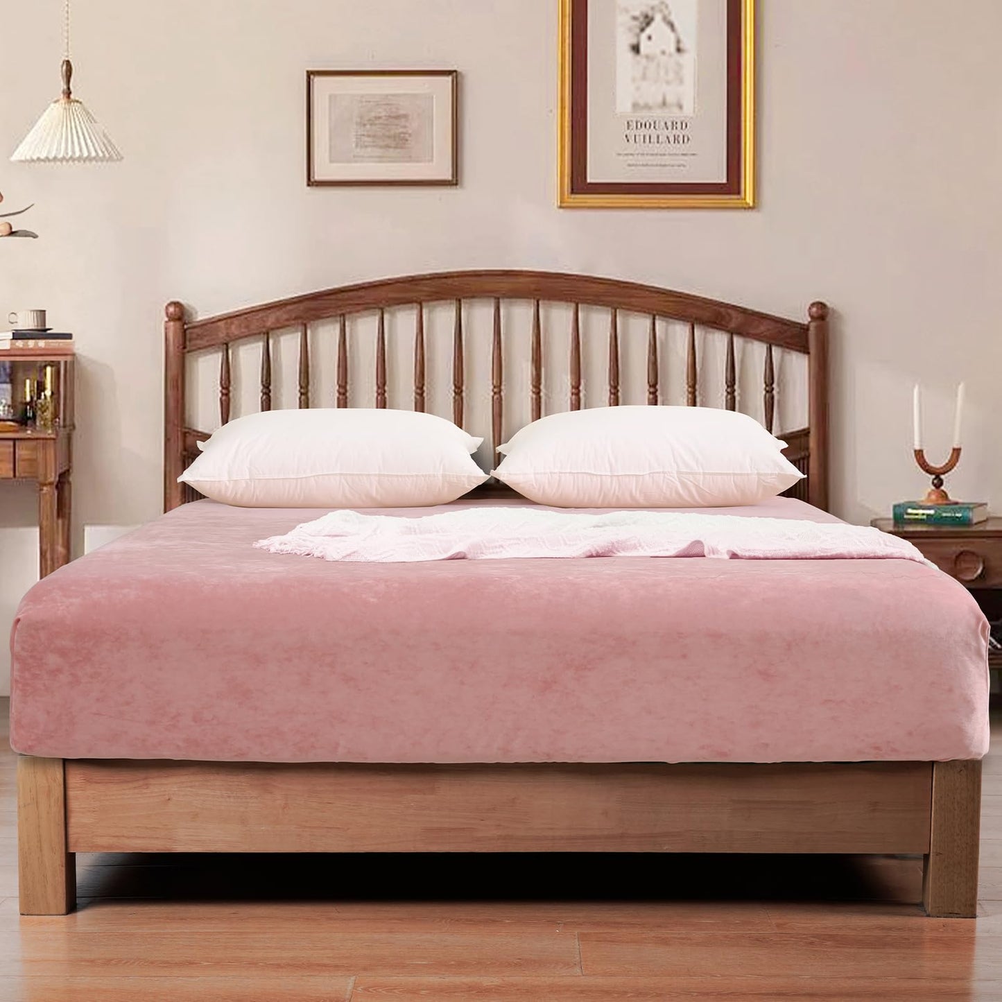 PHF Truly Velvet Fitted Sheet Only Full Size, Luxury Super Soft Cozy Fuzzy Flannel Bottom Sheet, Deep Pocket Up to 16",Strenghth Elastic Band, Suitable for Fall Winter Spring, No Pillowcases, Pink