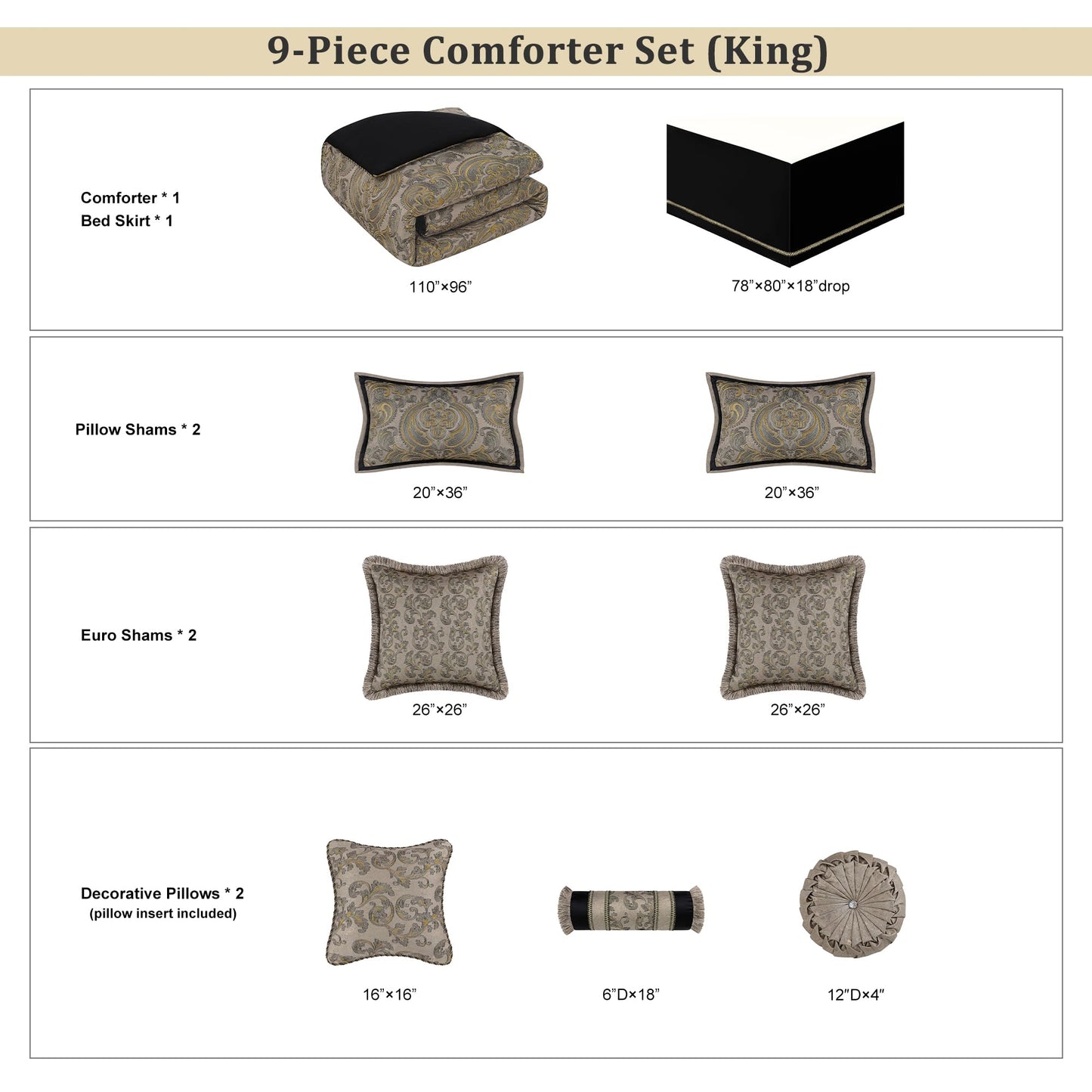 Loom and Mill 9-Piece Luxury King Size Comforter Set, European Damask Comforter Sets, Jacquard Bedding Sets with Euro Shams, Bedskirt, Filled Decorative Pillows(Taupe+Gold+Gray,King)