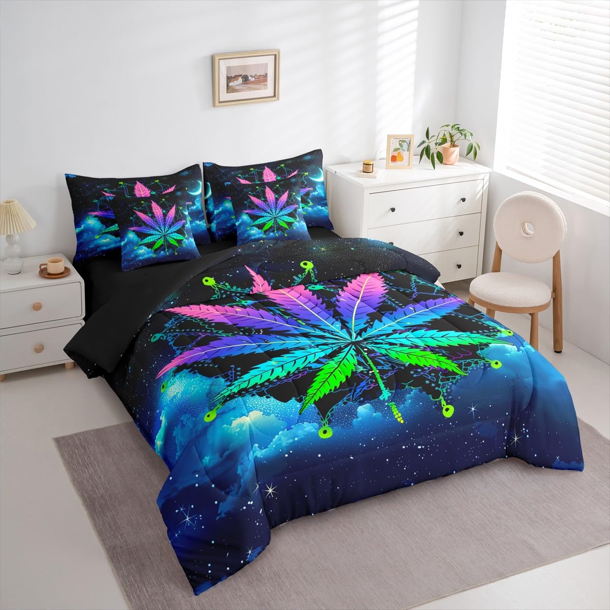 Erosebridal Leaves Twin Comforter Set 7 Pieces, Bohemian Mandala Bed in A Bag, Leaf Bedding Set with Comforters, Sheets, Pillowcases Galaxy Starry Sky Bedroom Decor