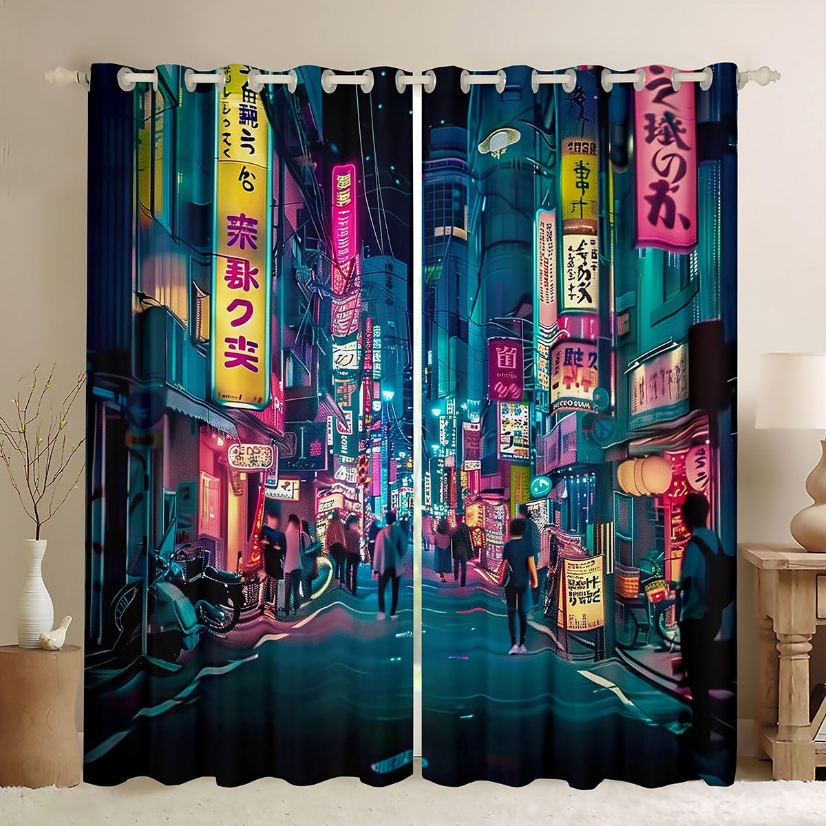 Feelyou Japanese Art Blackout Curtains (2 Panels, 42 x 63 Inch) Tokyo Anime Darkening Drapes Japan Night City Curtains for Bedroom Living Room