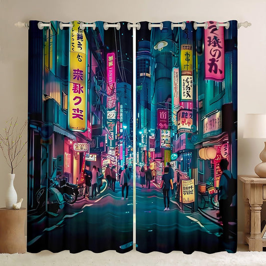 Feelyou Japanese Art Blackout Curtains (2 Panels, 42 x 63 Inch) Tokyo Anime Darkening Drapes Japan Night City Curtains for Bedroom Living Room