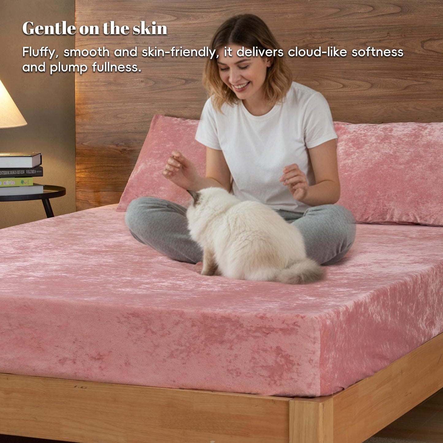 PHF Truly Velvet Fitted Sheet Only Full Size, Luxury Super Soft Cozy Fuzzy Flannel Bottom Sheet, Deep Pocket Up to 16",Strenghth Elastic Band, Suitable for Fall Winter Spring, No Pillowcases, Pink