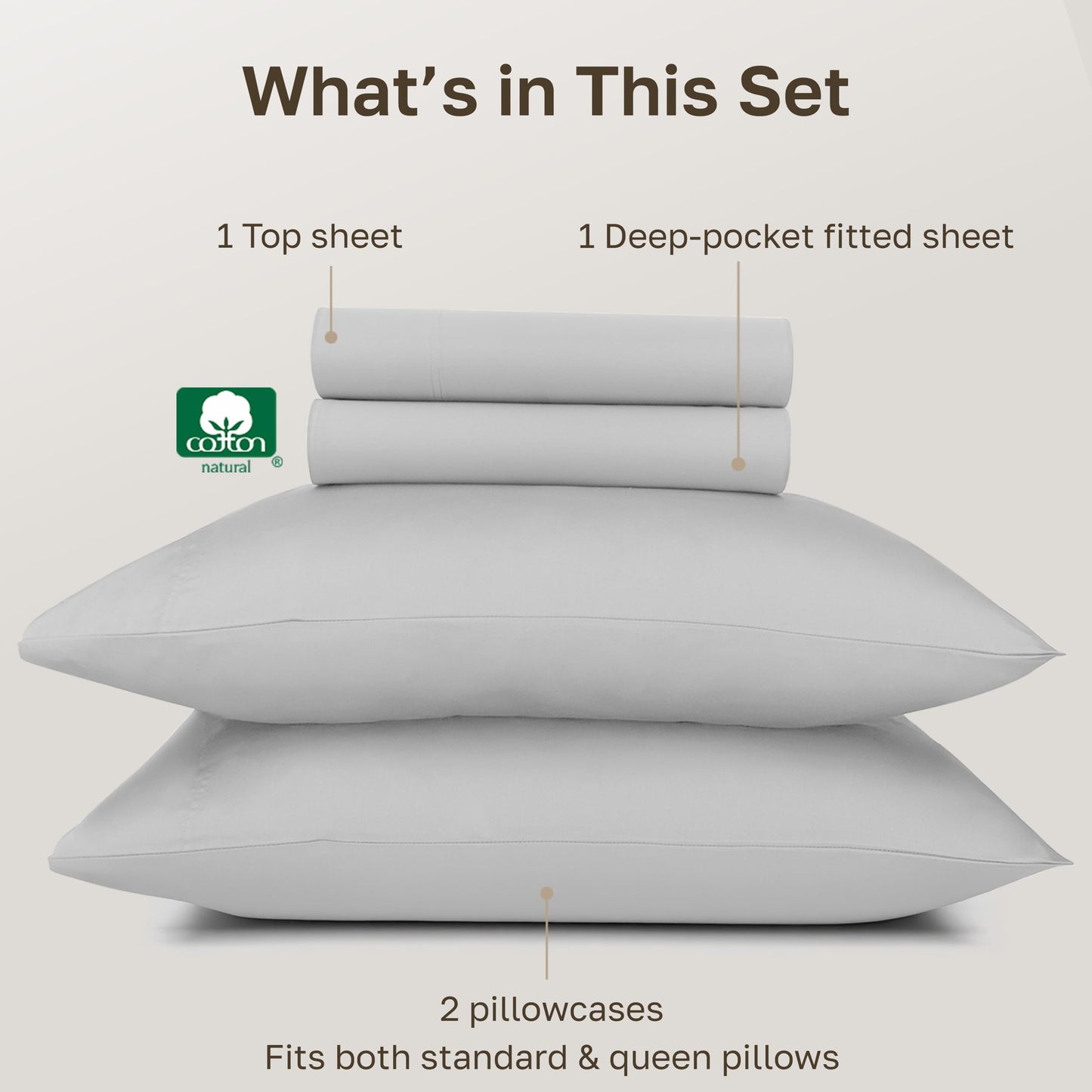California Design Den 100% Egyptian Cotton Sheets Queen Size Set - Certified Authentic Luxury Queen Sheet Set, Soft Sateen, Breathable Bedding for Hot Sleepers - Light Grey