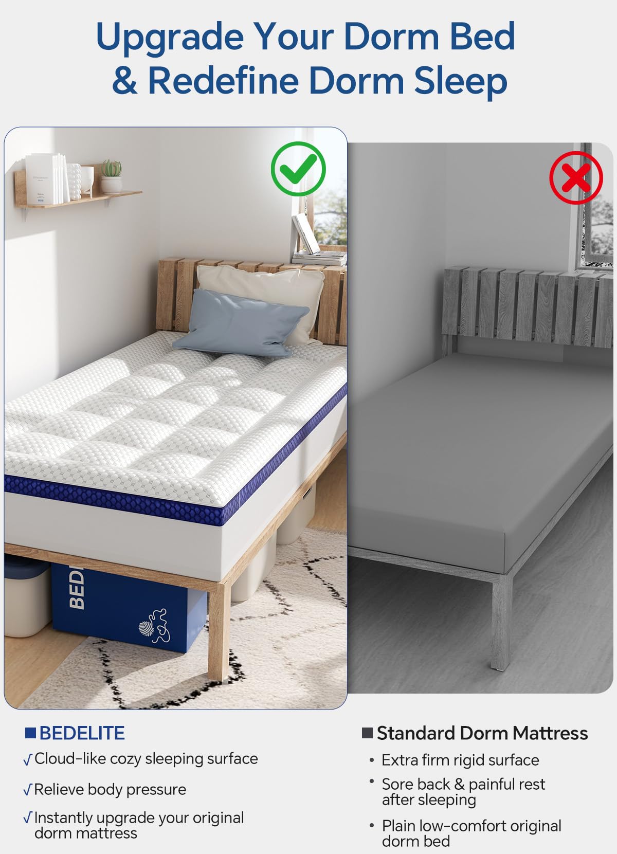 BEDELITE Dorm Room Essentials, Dual Layer 4 Inch Twin XL Memory Foam Mattress Topper for College Students Back to School, 2 Inch Pillow Top Mattress Pad and 2 Inch Cooling Gel Foam for Pressure Relief