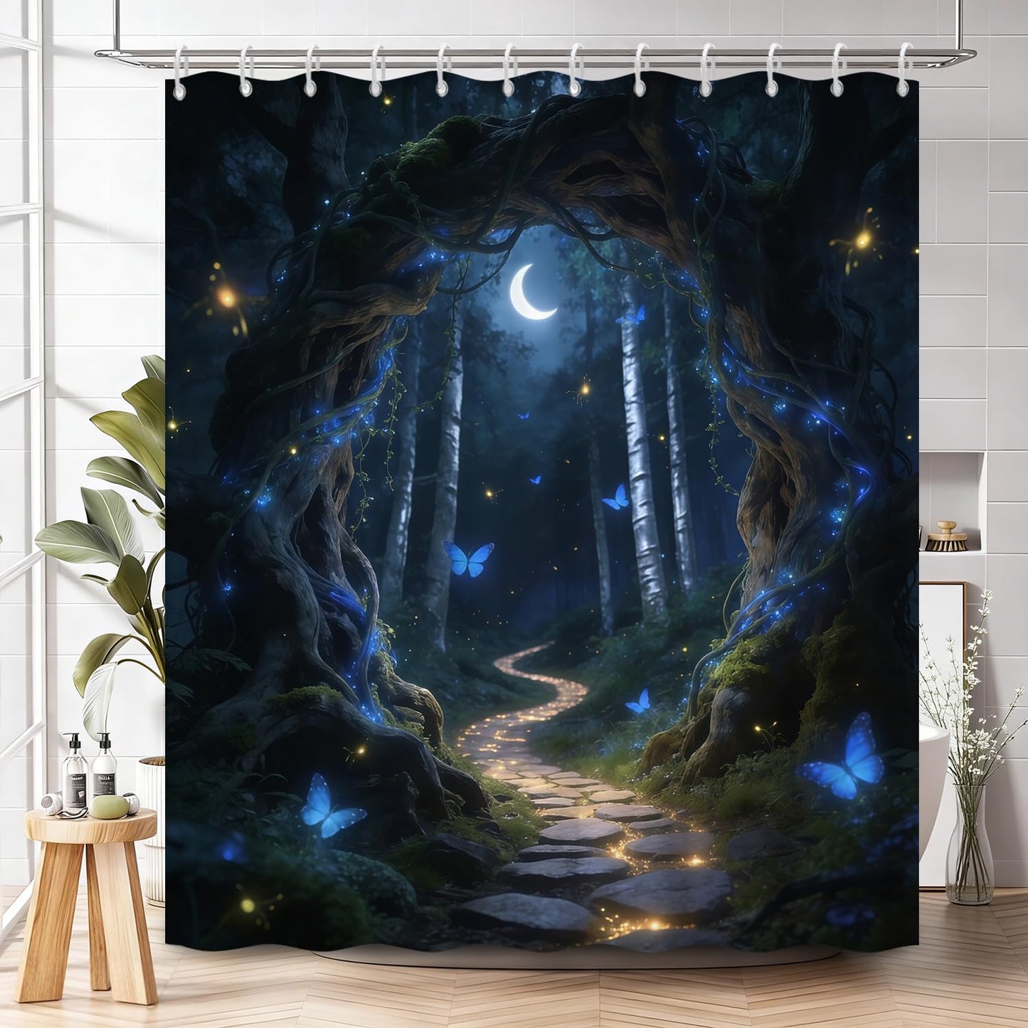 NAEMBCU Enchanted Forest Shower Curtain with Hooks - 72x72 Inch Waterproof Fabric Bathroom Curtain with Moonlit Woodland and Butterfly Pattern, Washable Bath Curtain for Mystical Nature Interiors