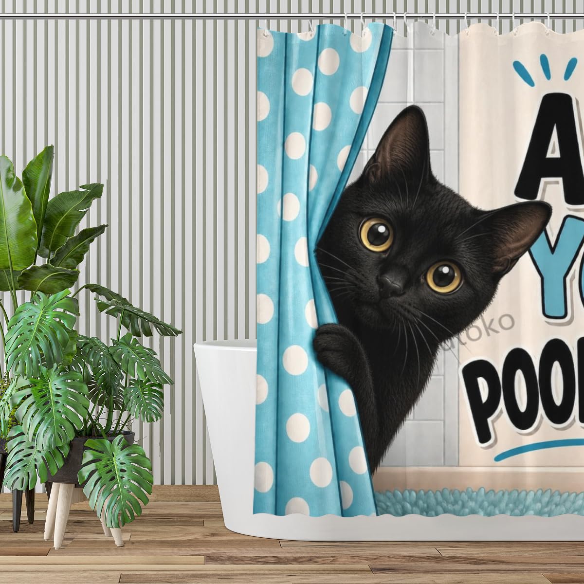 Youtoko Funny Black Cat Shower Curtain are You Poopin Humorous Pet Animal Themed 72x72 with 12 Hooks Waterproof Washable Polyester Bathroom Decor
