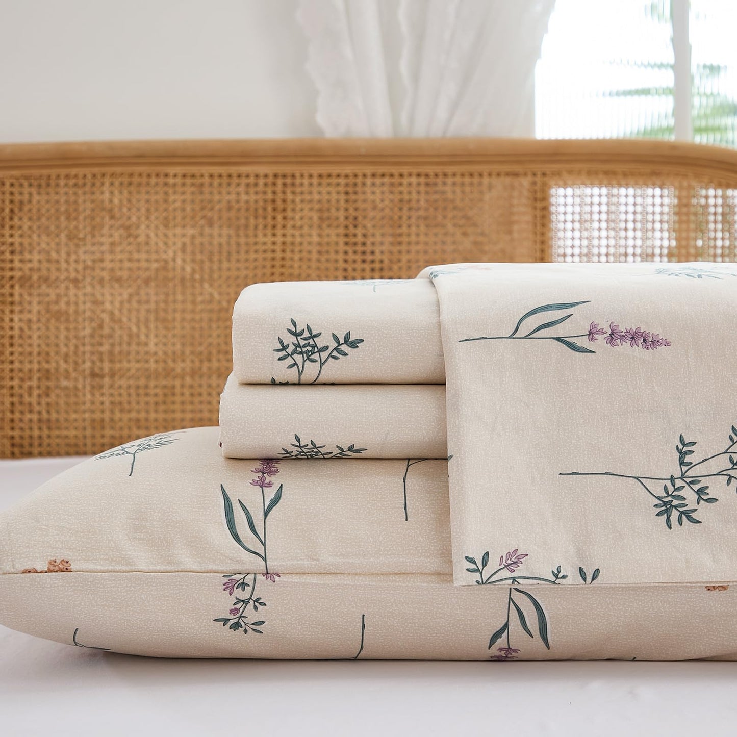 Cozaline Cream Floral Sheets Set King Size 100% Cotton, 4 Pieces, Soft & Breathable Percale Weave Bedding, Deep Pocket 17.5", Crisp Cool Feeling, Durable, Perfect Cute Floral Bed Sheet