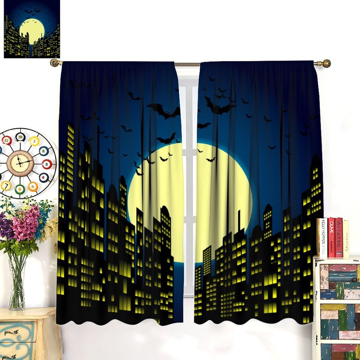 Djaby City Heroes Curtains, Night Bat Heroes Moon Cartoon City Window Treatments for Living Room Kids Boys Bedroom Home 42" W X 45" L(No Blackout)