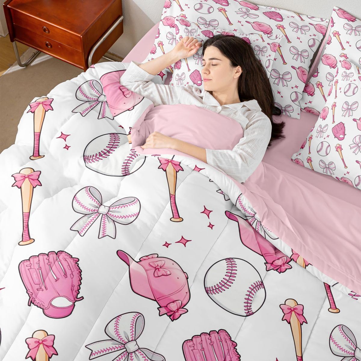 Castle Fairy Baseball Bow 7 Piece Comforter & Sheet Sets Full Size,Pink Bowknot Bedding Set Baseball Bat and Cap Bed in a Bag Cute Girly Sports Flat & Fitted Sheets,4 Pillow Covers