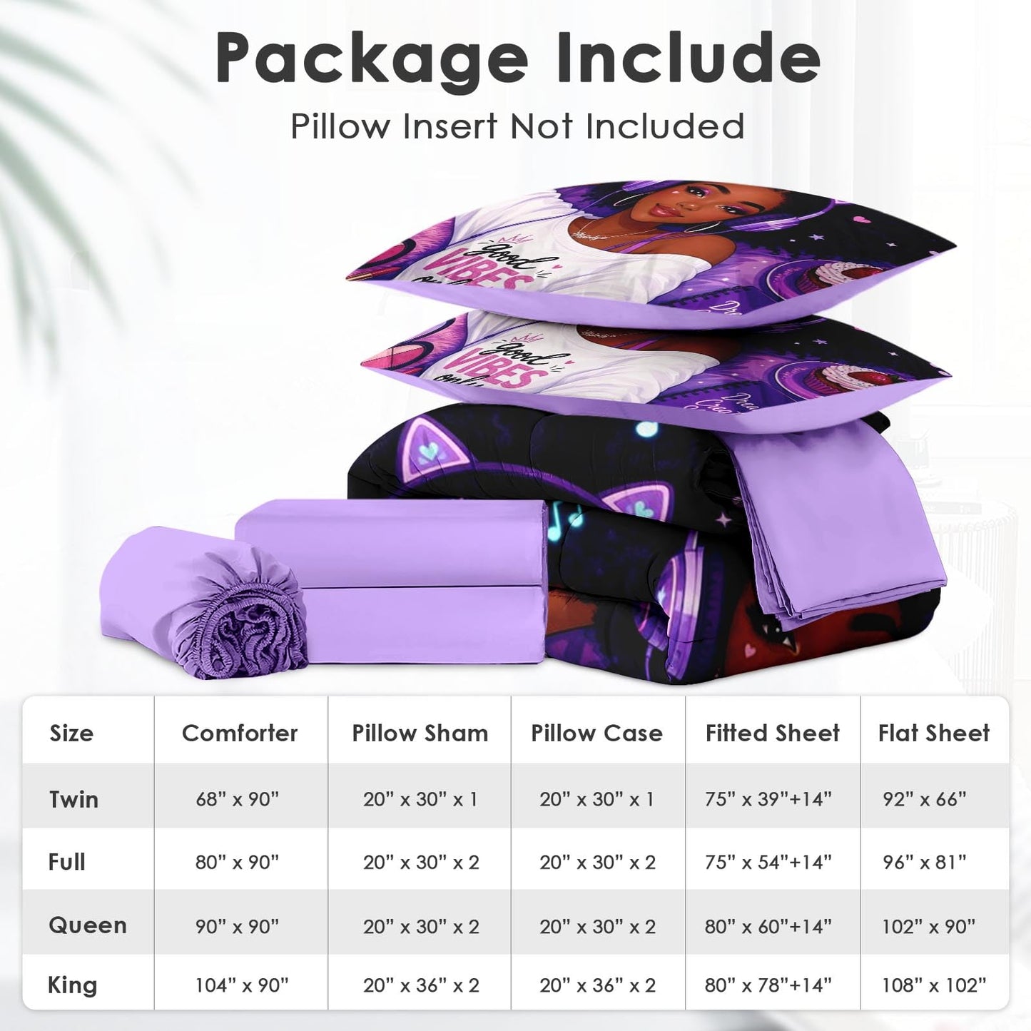 Boewywh Comforter Set Twin Size Music Purple Kawaii 5 Pcs, Bedding for Kids and Adults, Black Girly Bed Sheet Sets with Fitted Sheet Pillowcase & Sham for Bedroom Bed Decor