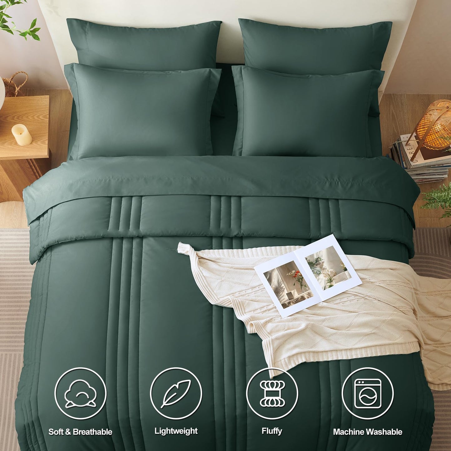 CozyLux Full Size Comforter Sets Forest Green - 7 Pieces Bed in a Bag, Modern Vertical Quilted Room Decor, Soft All-Season Bedding Gift with Comforter, Sheets, Pillowcases & Shams