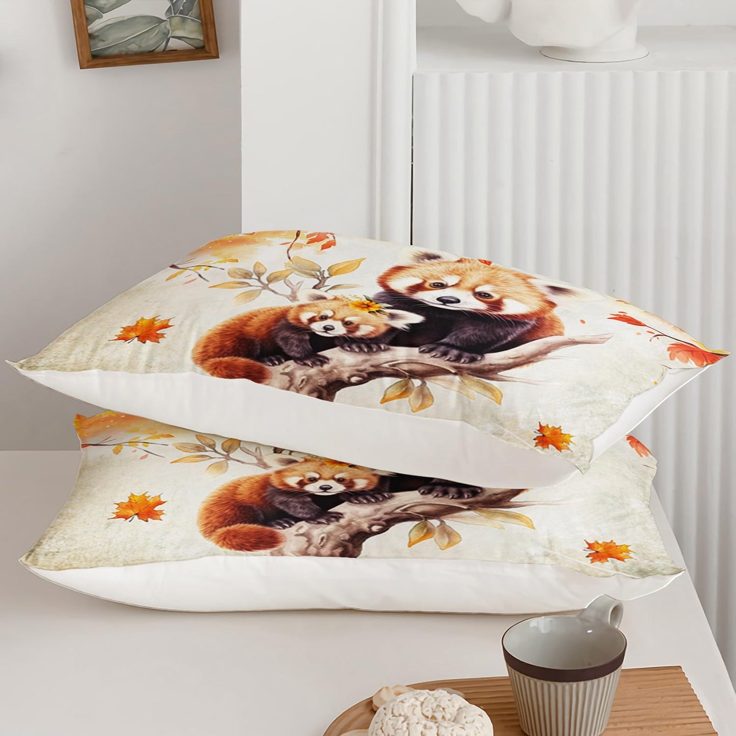 AILONEN Red Panda Duvet Cover Set Twin Size,Cute Animal Printed Bedding Set,Autumn Orange Leaves Panda Bear Kawaii Comforter Cover Set 3 Pieces, 1 Quilt Cover and 2 Pillowcases