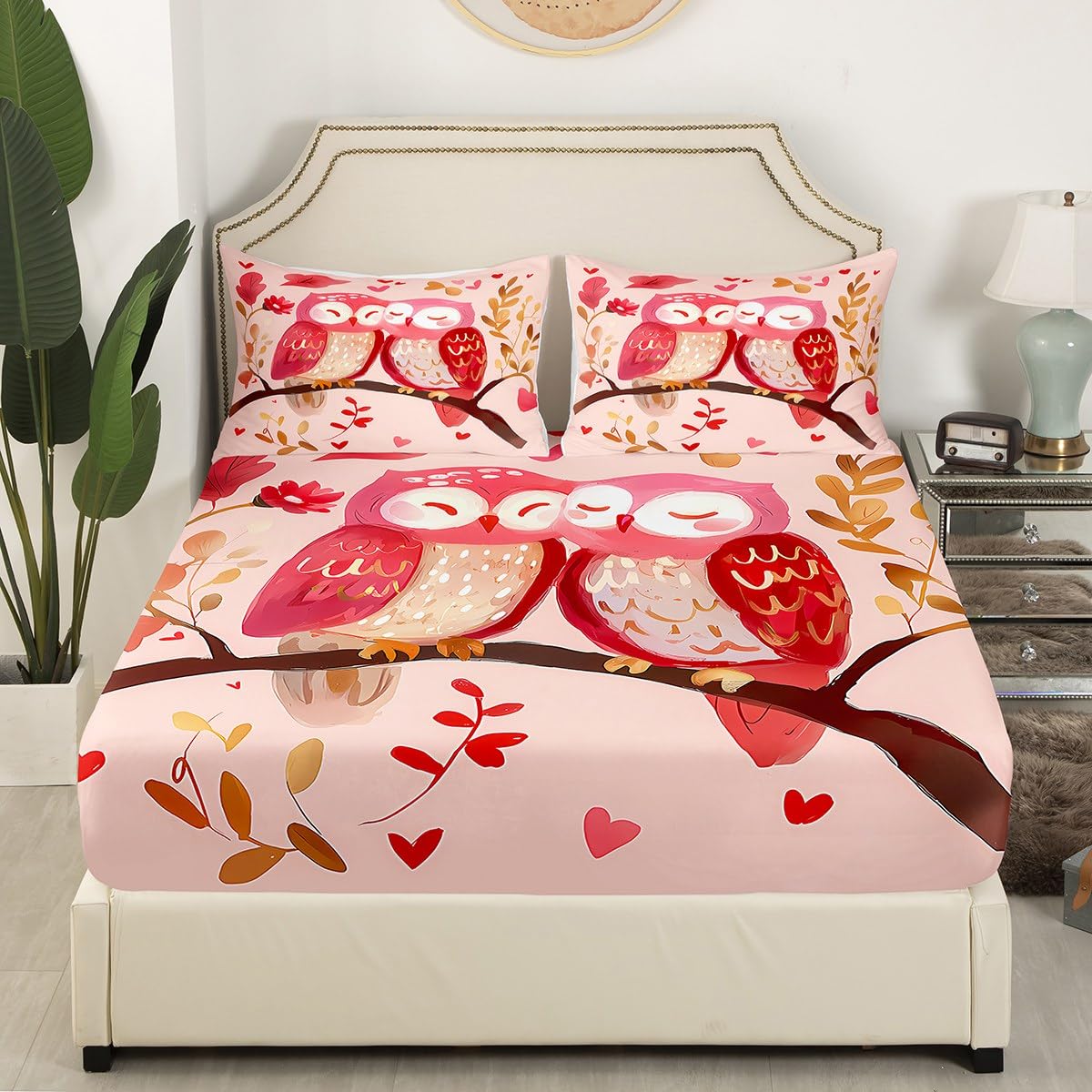 Feelyou Boys Girls Valentine's Day Bedding Set Full Size, Cute Owl Bed Sheet Set Red Heart Fitted Sheet Kids Romantic Teens Bed Cover Bedroom Decor Lightweight Bed Set (No Flat Sheet)