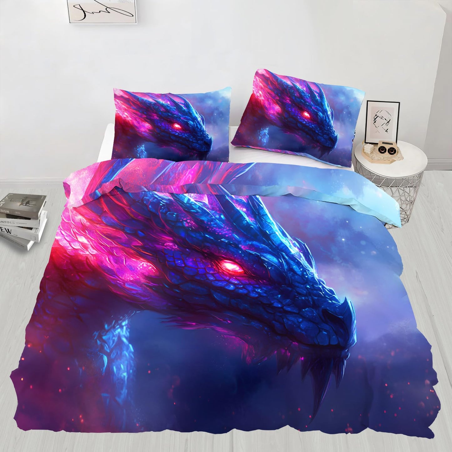 PAISUOQ Dragon Bedding Duvet Covers, Fantasy Dragon Comforter King Size, Western Animals Bedding Sets with Zipper & Ties, 3 Pieces with 2 Pillowcases, Home Decor & Gifts