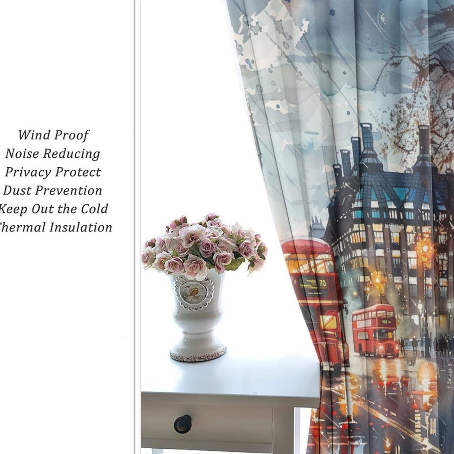 TOWINSFB England London Street Blackout Curtains for Bedroom/Living Room, Famous Cityscape Landmark Grommet Curtains Thermal Insulated Window Drapes, 2 Panels, Each 21W x 45L